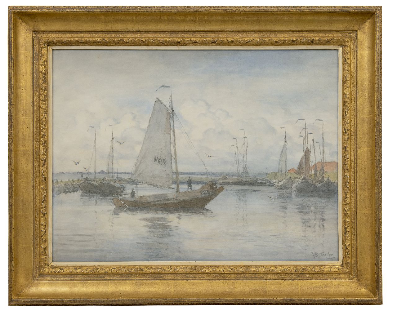 Tholen W.B.  | Willem Bastiaan Tholen | Watercolours and drawings offered for sale | Fishing boat entering the harbour of Urk, watercolour on paper 51.1 x 70.0 cm, signed l.r.