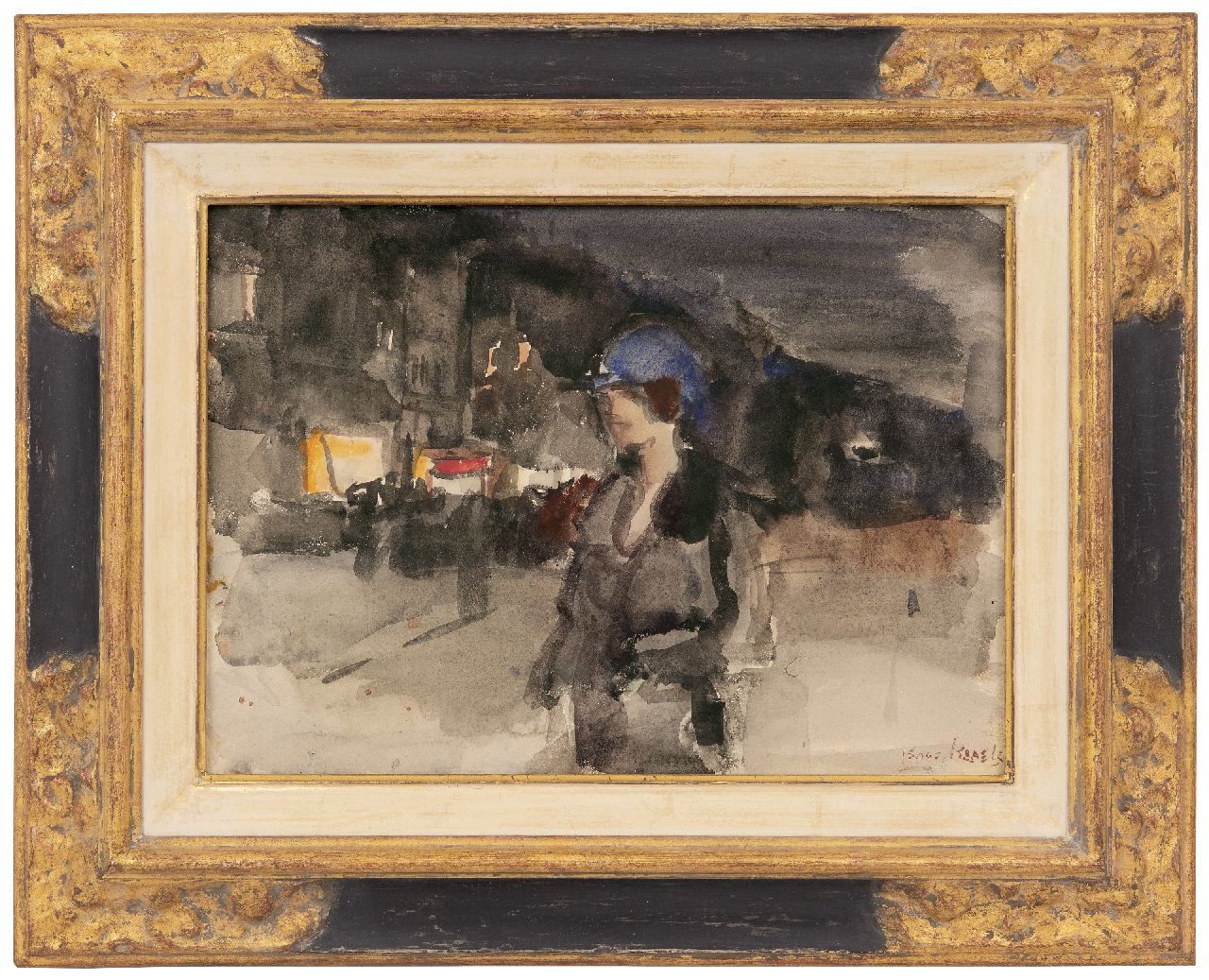 Israels I.L.  | 'Isaac' Lazarus Israels, Woman with a blue hat in Amsterdam shopping district, by night, watercolour on paper 25.5 x 35.4 cm, signed l.r.
