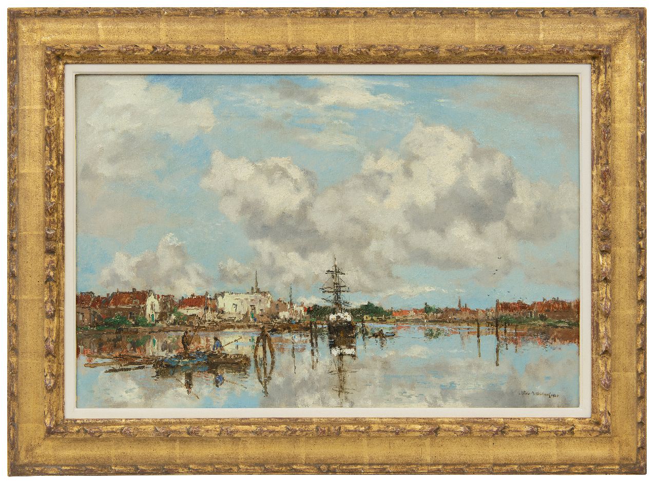 Mastenbroek J.H. van | Johan Hendrik van Mastenbroek, Ships in a Egnlish river harbour, oil on canvas 40.6 x 60.5 cm, signed l.r. and dated 1920