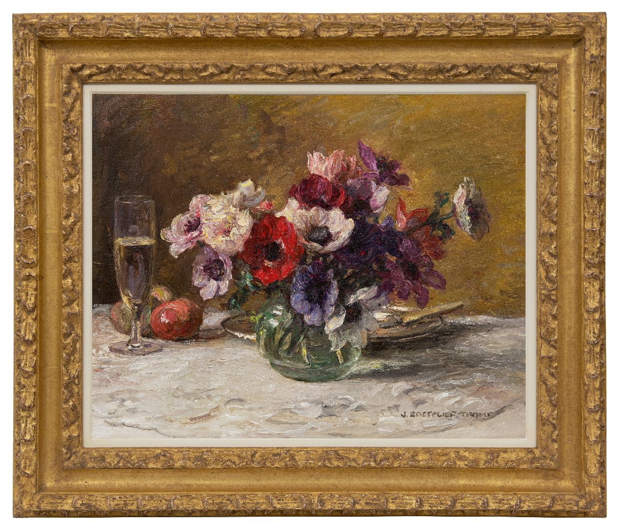 Zoetelief Tromp J.  | Johannes 'Jan' Zoetelief Tromp, Anemones and a champagne glass, oil on canvas 40.5 x 50.5 cm, signed l.r.