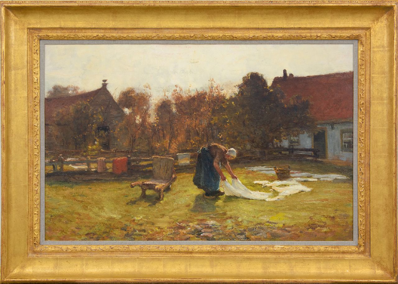 Blommers B.J.  | Bernardus Johannes Blommers, Bleaching the laundry, oil on canvas 58.7 x 91.6 cm, signed l.r.
