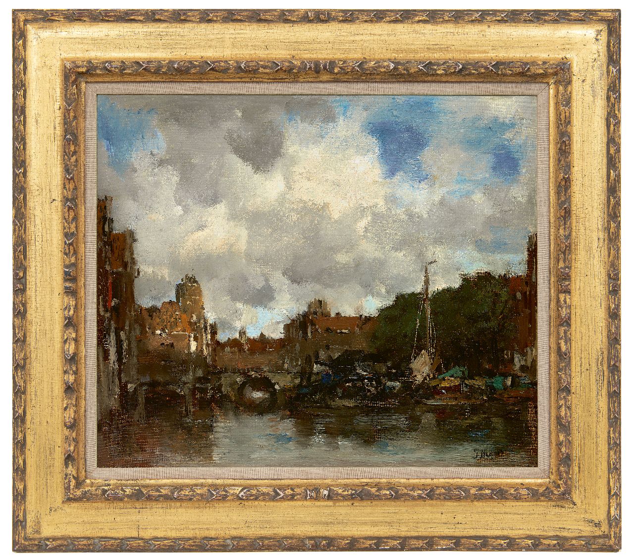 Maris J.H.  | Jacobus Hendricus 'Jacob' Maris | Paintings offered for sale | A Dutch harbour town (Dordrecht), oil on canvas 41.5 x 49.0 cm, signed l.r. and to be dated ca. 1890