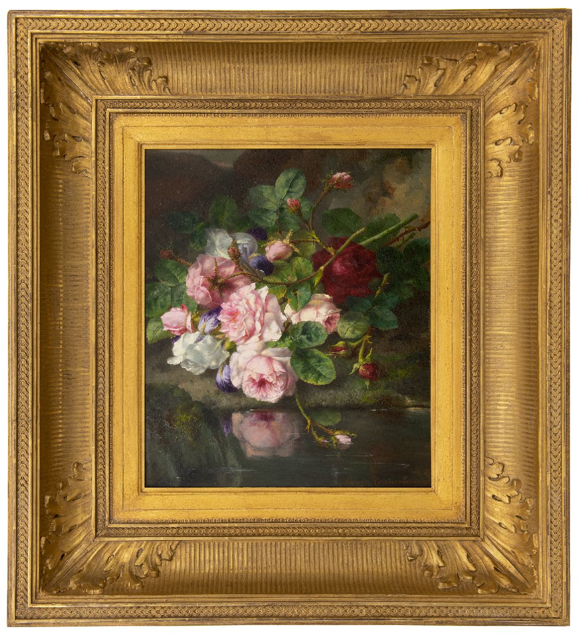 Roosenboom M.C.J.W.H.  | 'Margaretha' Cornelia Johanna Wilhelmina Henriëtta Roosenboom, Roses on a forest floor, oil on panel 45.4 x 37.3 cm, signed l.r.