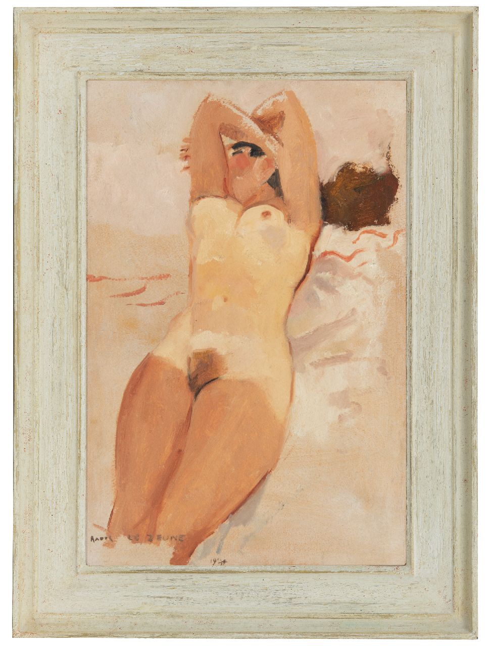 Lejeune R.  | Raoul Lejeune, Sunbathing nude, oil on canvas laid down on panel 50.5 x 34.2 cm, signed l.l. and dated 1934