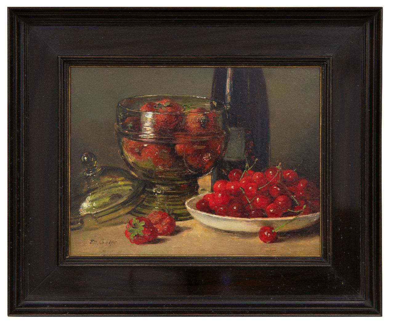 Grips F.  | Frédéric Antoine Marie 'Frits' Grips, Still life with cherries and strawberries in a glass jar, oil on panel 16.0 x 21.1 cm, signed l.l.