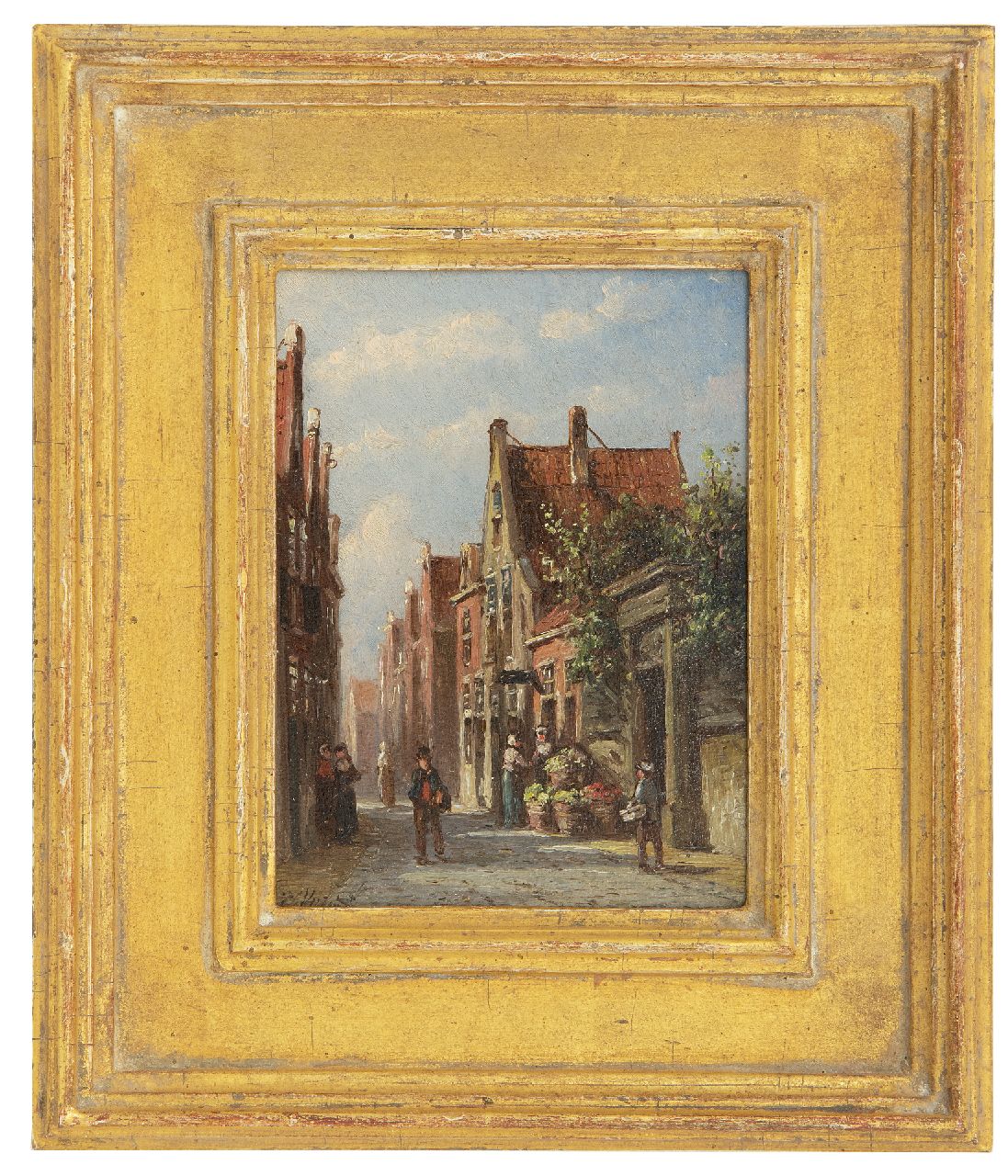 Vertin P.G.  | Petrus Gerardus Vertin | Paintings offered for sale | A sunny street with vegetable seller, oil on panel 13.4 x 10.2 cm, signed l.l.