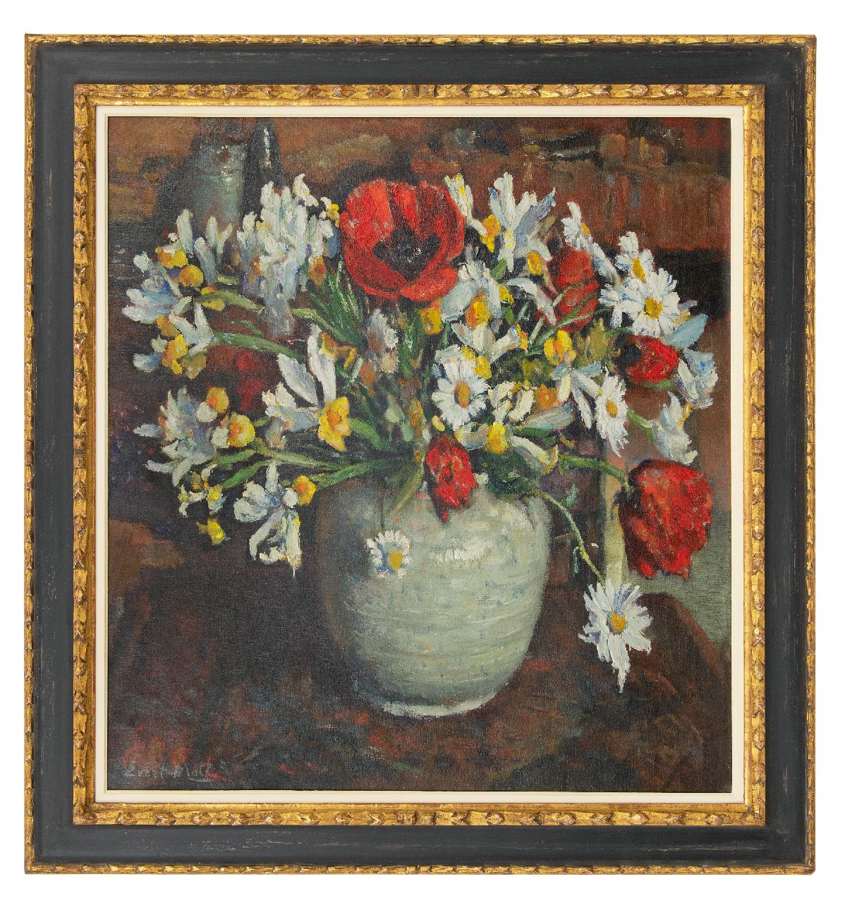 Moll E.  | Evert Moll, Poppies and daisies in a white vase, oil on canvas 76.0 x 70.2 cm, signed l.l.