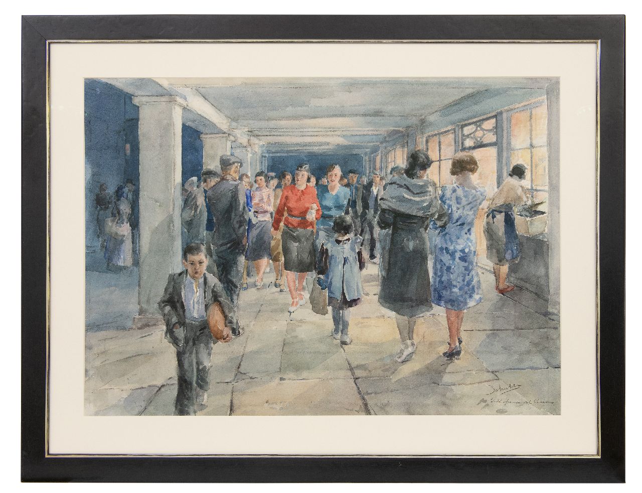 Schutte L.H.H.  | 'Louis' Hermanus Hendrikus Schutte | Watercolours and drawings offered for sale | A crowded street in Villafranca del Penedès, Spain, watercolour on paper 60.5 x 87.5 cm, signed l.r. and on the reverse