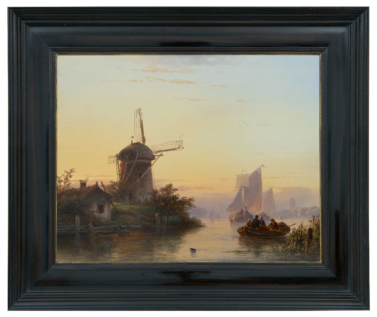 Kleijn L.J.  | Lodewijk Johannes Kleijn, Shipping on a river at sunset, oil on panel 28.7 x 36.5 cm, signed l.r.