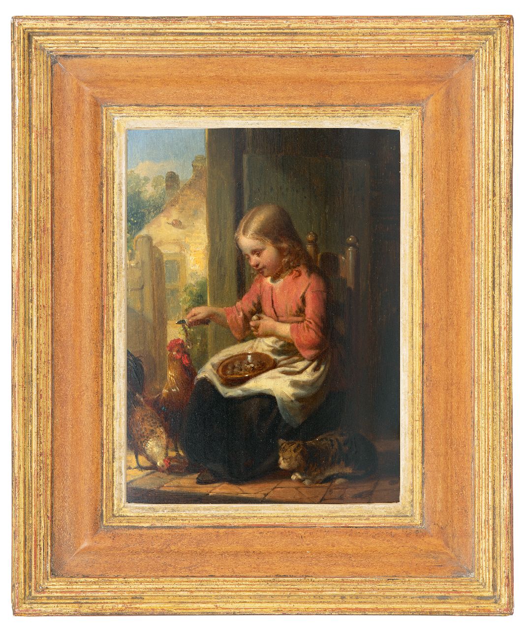 Canta J.A.  | Johannes Antonius Canta, A girl with a cat and chickens, oil on panel 26.0 x 19.0 cm, signed l.l.