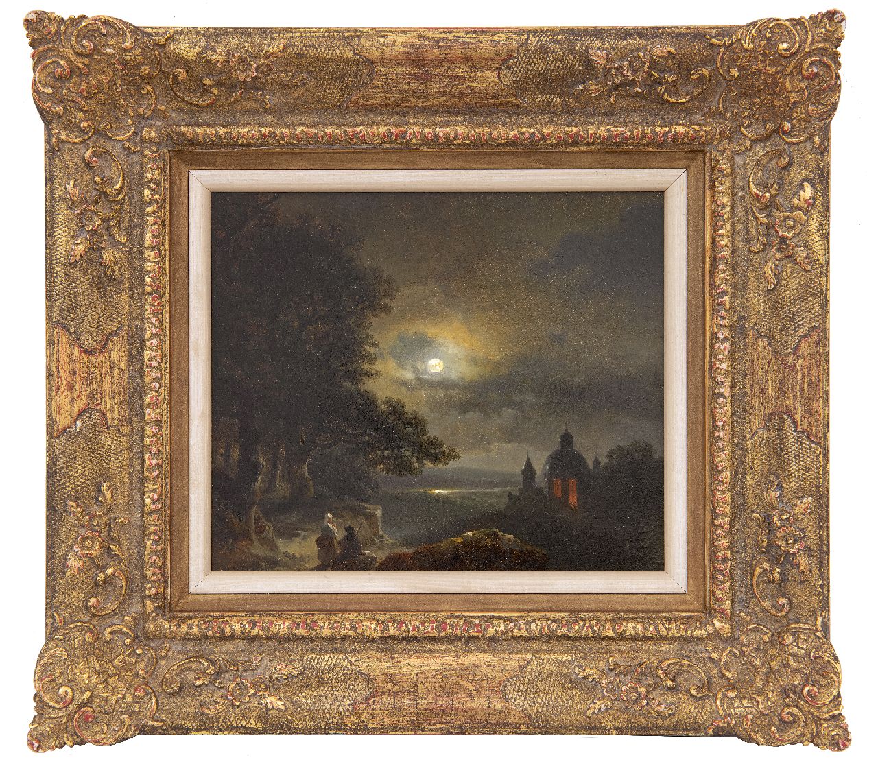 Kuhnen P.L.  | Pierre-Louis Kuhnen, Young peasant folk looking out over a moonlit river valley, oil on panel 18.1 x 21.3 cm, signed l.l.