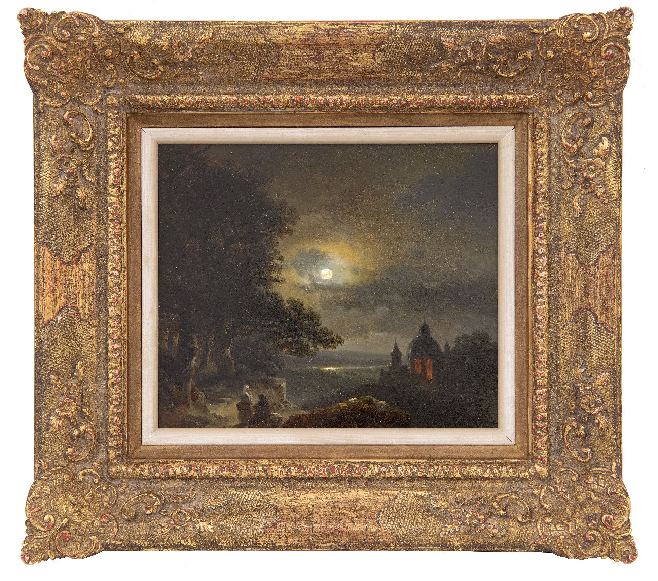 Kuhnen P.L.  | Pierre-Louis Kuhnen | Paintings offered for sale | Young peasant folk looking out over a moonlit river valley, oil on panel 18.1 x 21.3 cm, signed l.l.