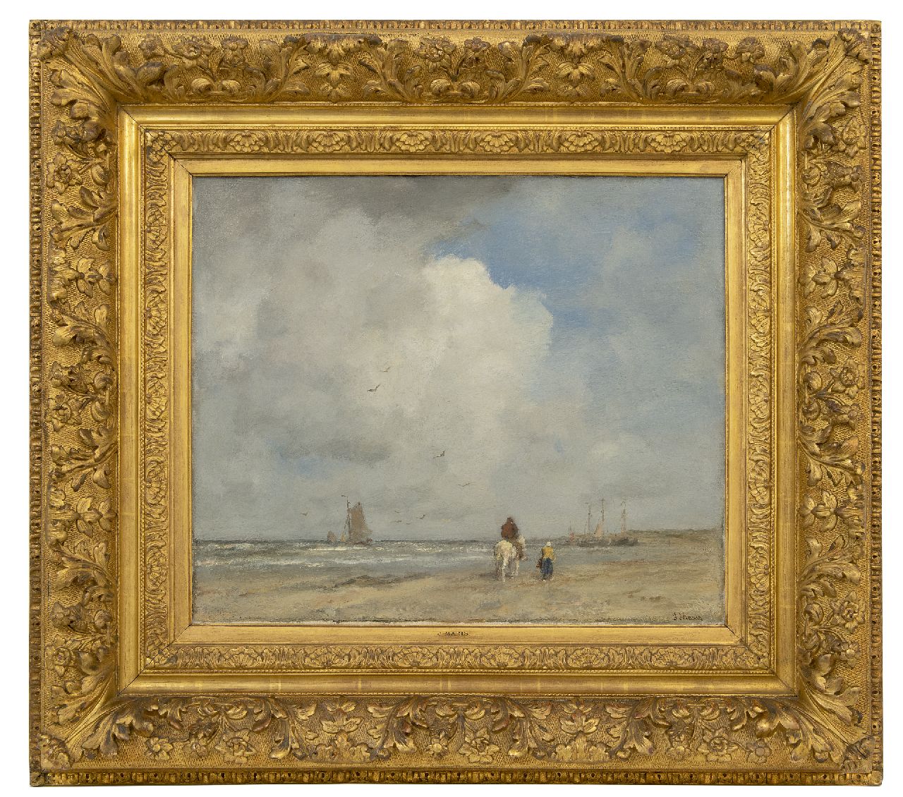 Maris J.H.  | Jacobus Hendricus 'Jacob' Maris, Boats and fishermen on the beach, oil on canvas 46.8 x 55.5 cm, signed l.r. and 1890-1895