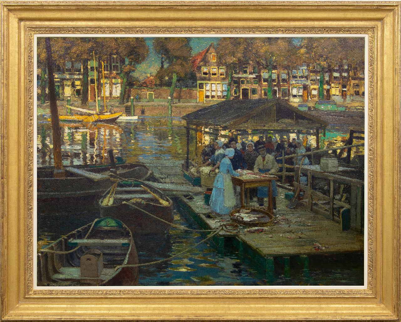 Hermanns H.  | Heinrich Hermanns, A view of the Fish market in the Nieuwe Haven, Dordrecht, oil on canvas 100.5 x 131.6 cm, signed l.r.