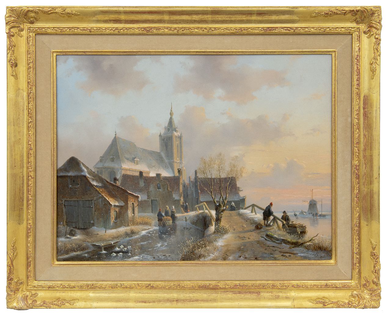 Leickert C.H.J.  | 'Charles' Henri Joseph Leickert, A snowy village view with skaters, oil on panel 37.5 x 49.7 cm, signed l.r. and painted ca. 1845