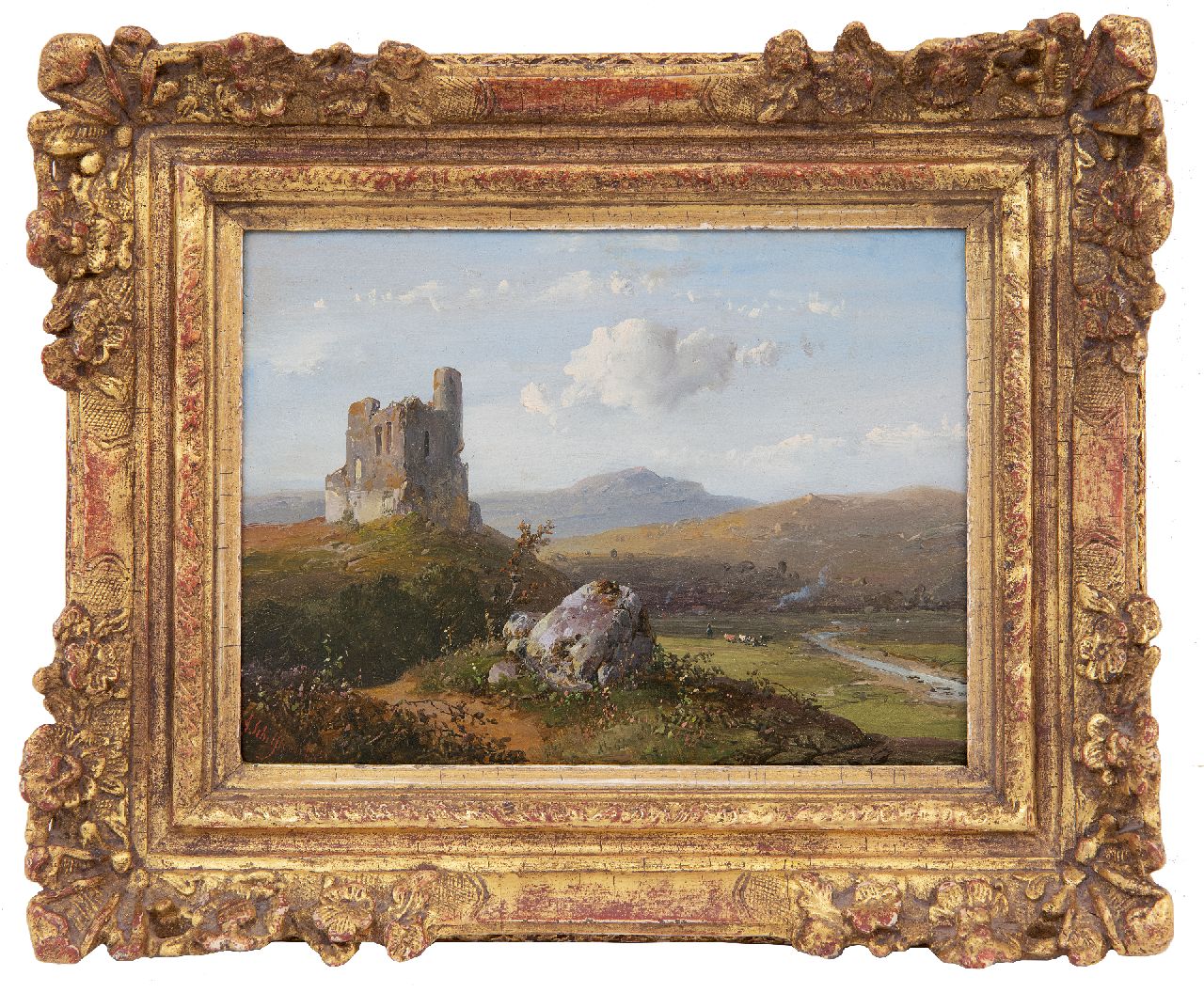 Schelfhout A.  | Andreas Schelfhout | Paintings offered for sale | Panoramic landscape with ruin, oil on panel 14.8 x 21.1 cm, signed l.l. and dated '50