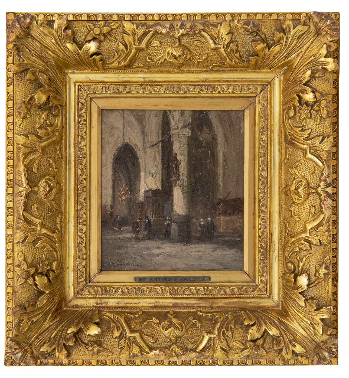 Bosboom J.  | Johannes Bosboom, A church interior, oil on panel 18.3 x 15.6 cm, signed l.l.