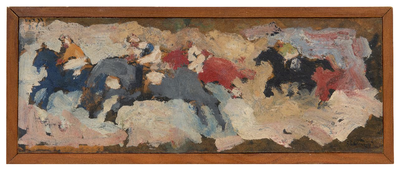 Stekelenburg J.  | Jan Stekelenburg, Horse race, oil on board 16.2 x 44.1 cm, signed l.r.