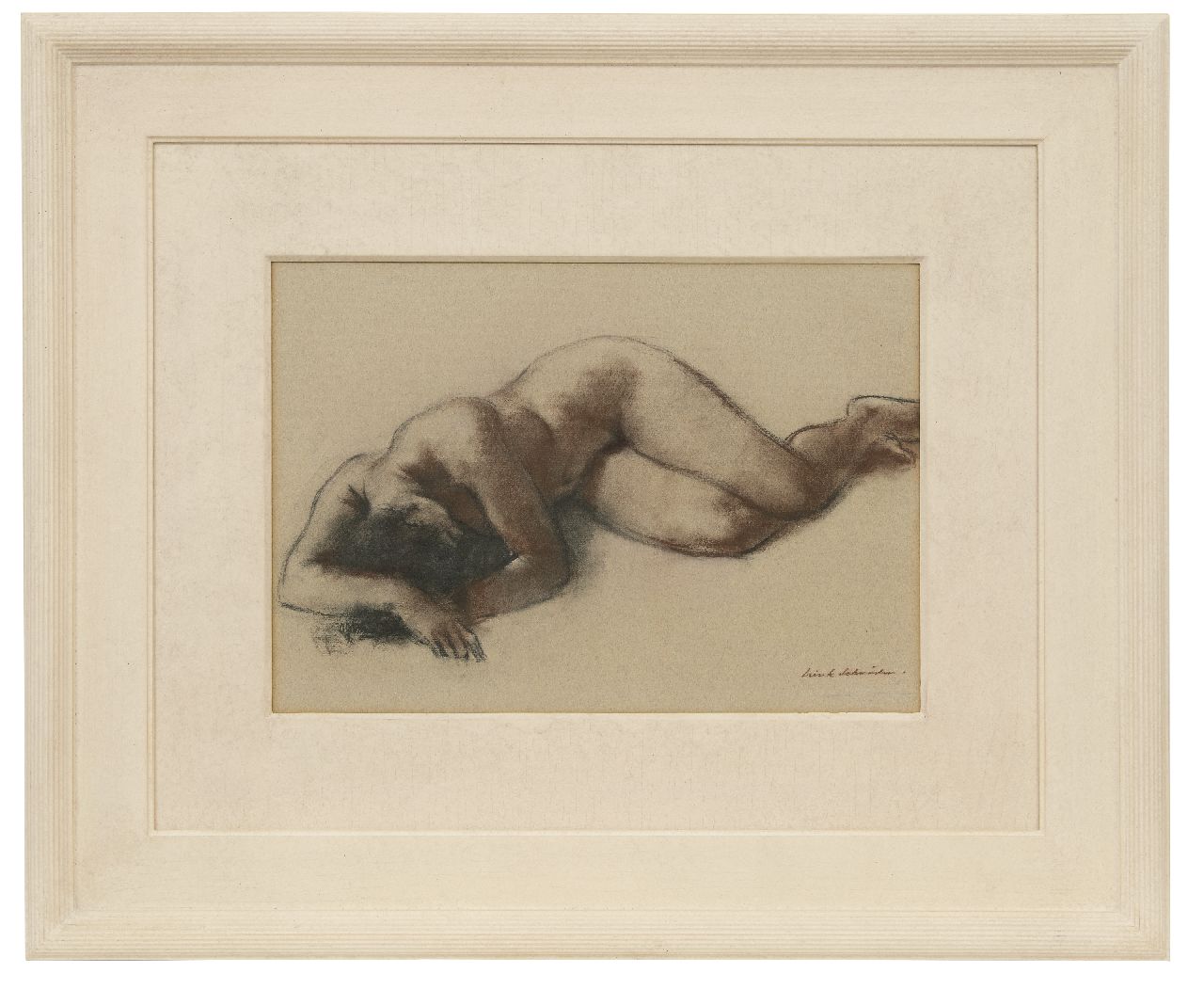 Schröder S.C.  | 'Sierk' Carl Schröder | Watercolours and drawings offered for sale | Reclining nude, charcoal and chalk on coloured paper 34.8 x 49.8 cm, signed l.r.