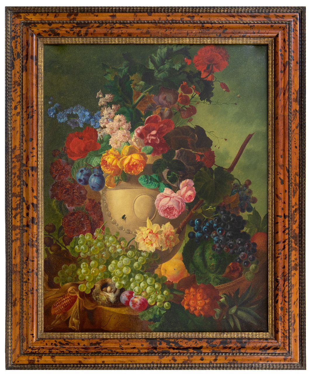 Os J. van | Jan van Os, Still life with flowers, fruit and a bird's nest on a marble plinth, oil on canvas 84.1 x 65.3 cm, signed l.l.