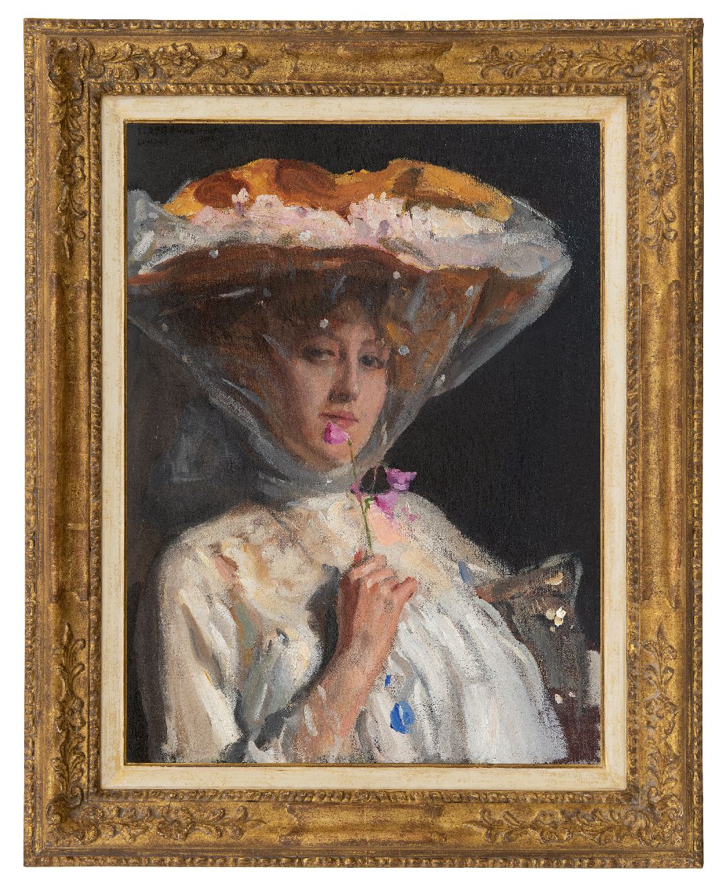 Oppenheimer J.  | Joseph Oppenheimer | Paintings offered for sale | Portrait of a lady smelling sweetpeas, oil on canvas 68.8 x 51.3 cm, signed u.l. and dated 'London' 1904