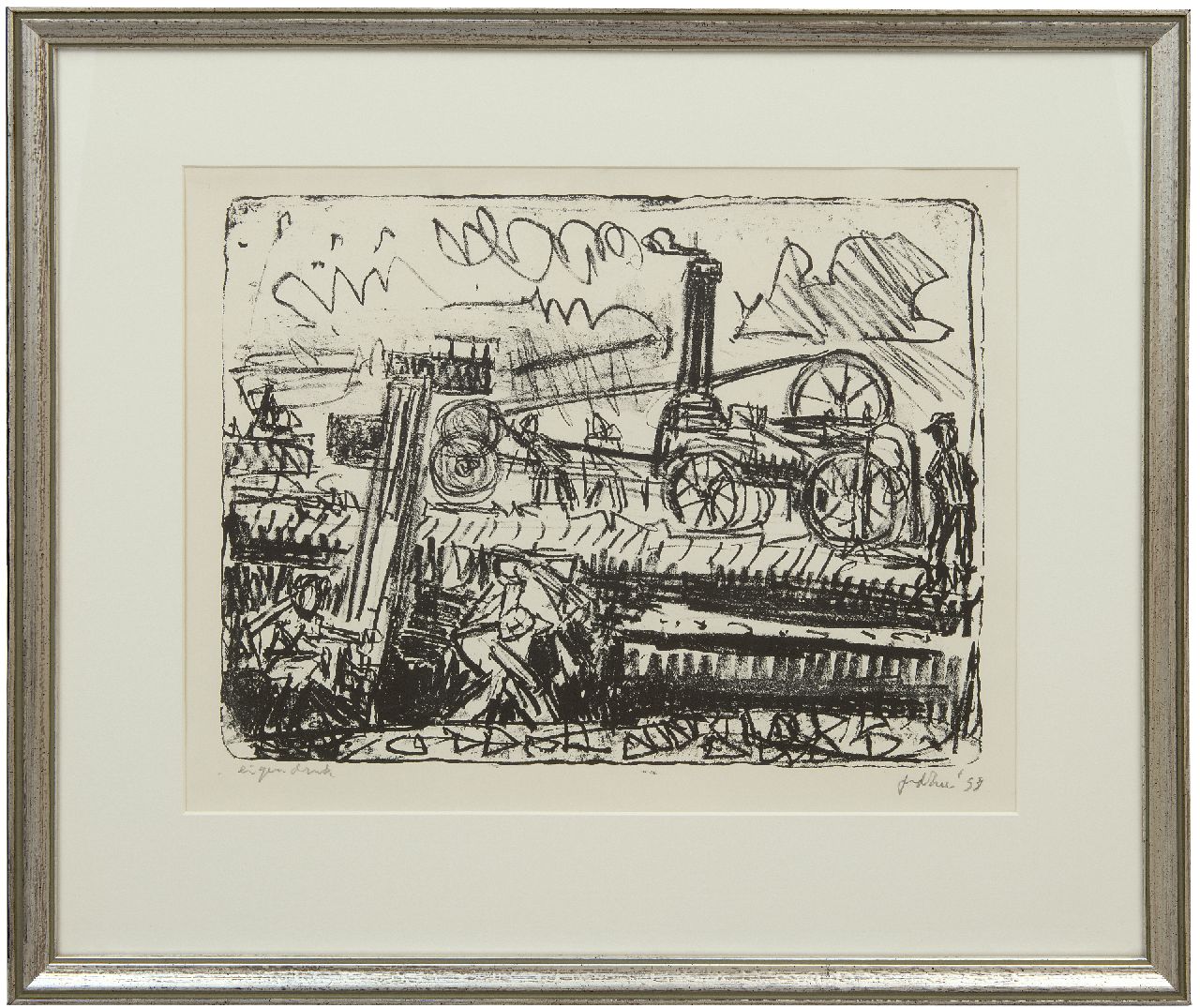 Zee J. van der | Jan van der Zee | Prints and Multiples offered for sale | Harvest machines, lithograph on paper 37.0 x 47.3 cm, signed l.r. (in pencil) and dated (in pencil) '53