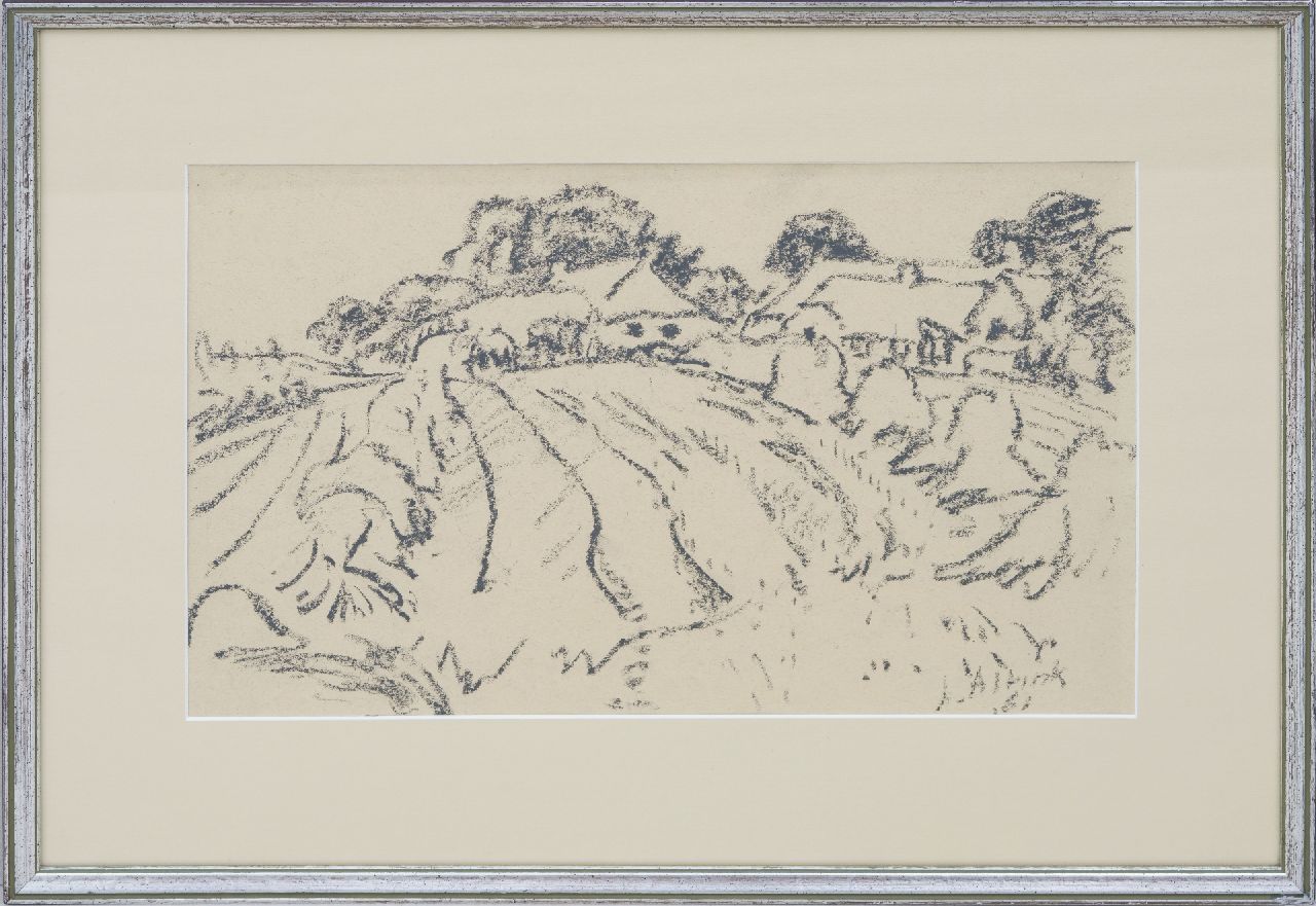 Altink J.  | Jan Altink, Arable land with farms, black chalk on paper 31.1 x 48.3 cm, signed l.r. and dated '61