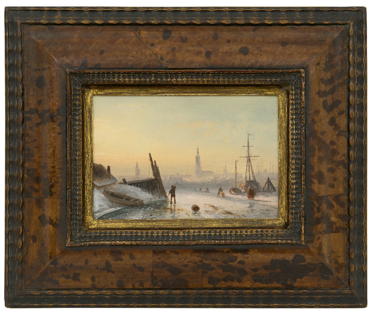 Leickert C.H.J.  | 'Charles' Henri Joseph Leickert, Ice scene with skaters near a city, oil on panel 11.7 x 17.3 cm, signed l.l. with initials