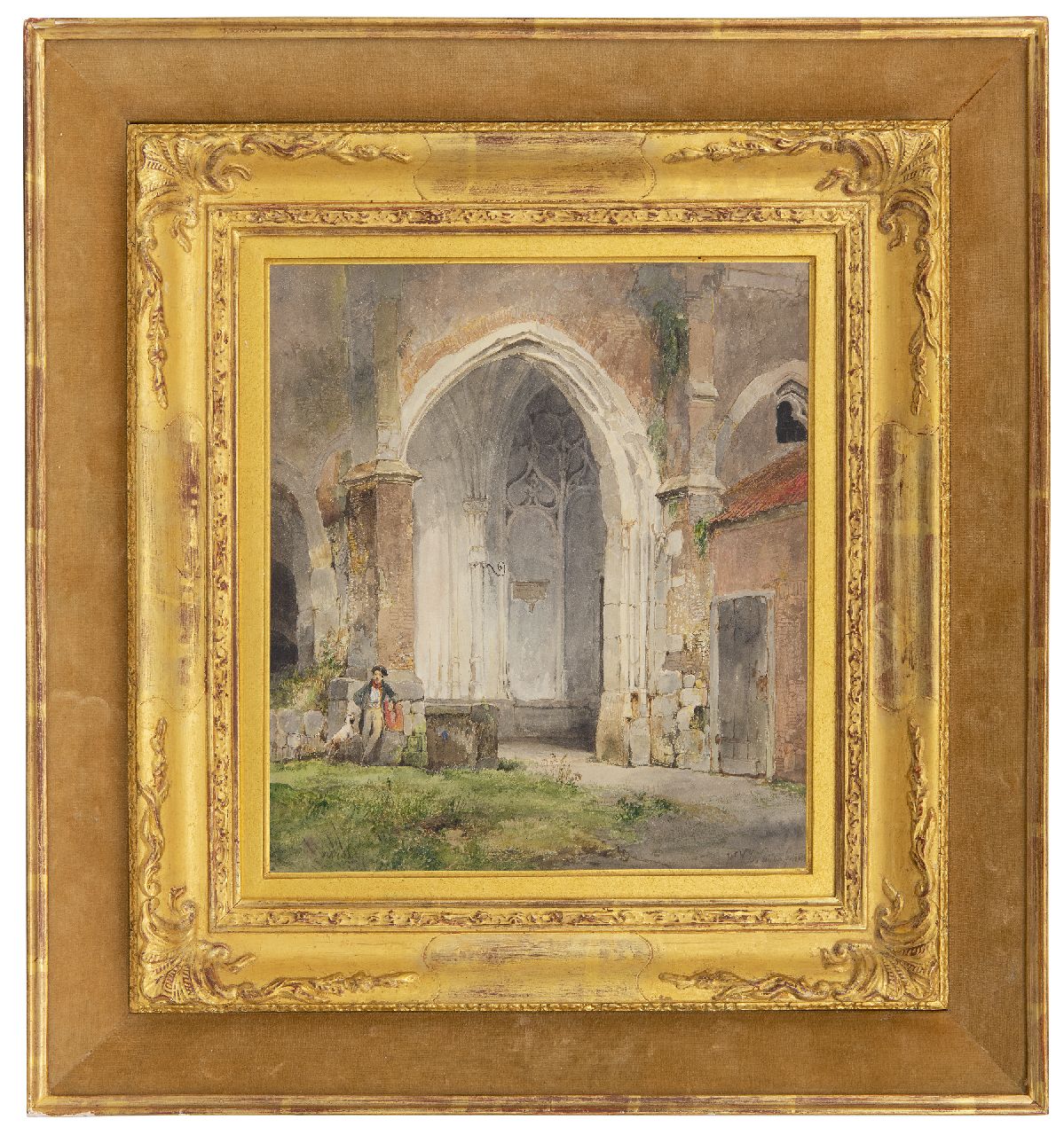 Nuijen W.J.J.  | Wijnandus Johannes Josephus 'Wijnand' Nuijen | Watercolours and drawings offered for sale | Man and his dog in the cloister of the Dom of Utrecht, watercolour on paper 26.5 x 23.6 cm, signed l.r. and dated 1833