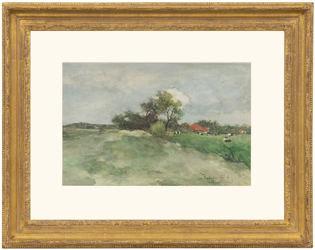 Weissenbruch H.J.  | Hendrik Johannes 'J.H.' Weissenbruch, Meadow behind the dunes, watercolour on paper 23.5 x 36.3 cm, signed l.r. and to be dated ca. 1879