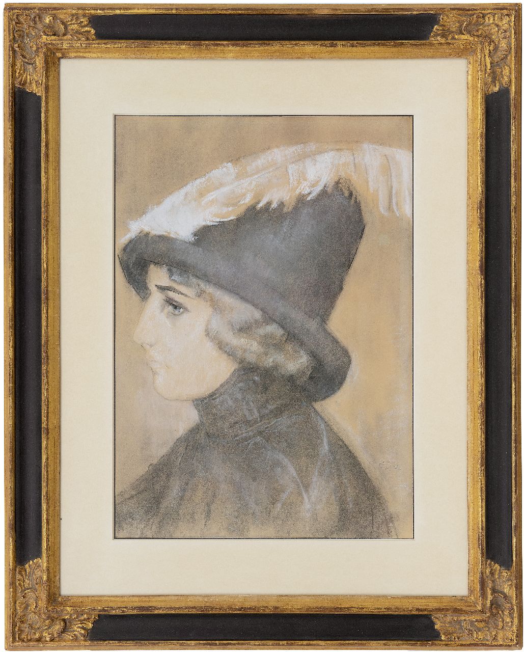 Gestel L.  | Leendert 'Leo' Gestel, Portrait of a lady with a hat, chalk on paper 47.0 x 33.5 cm, signed l.r. and painted ca. 1910-1911