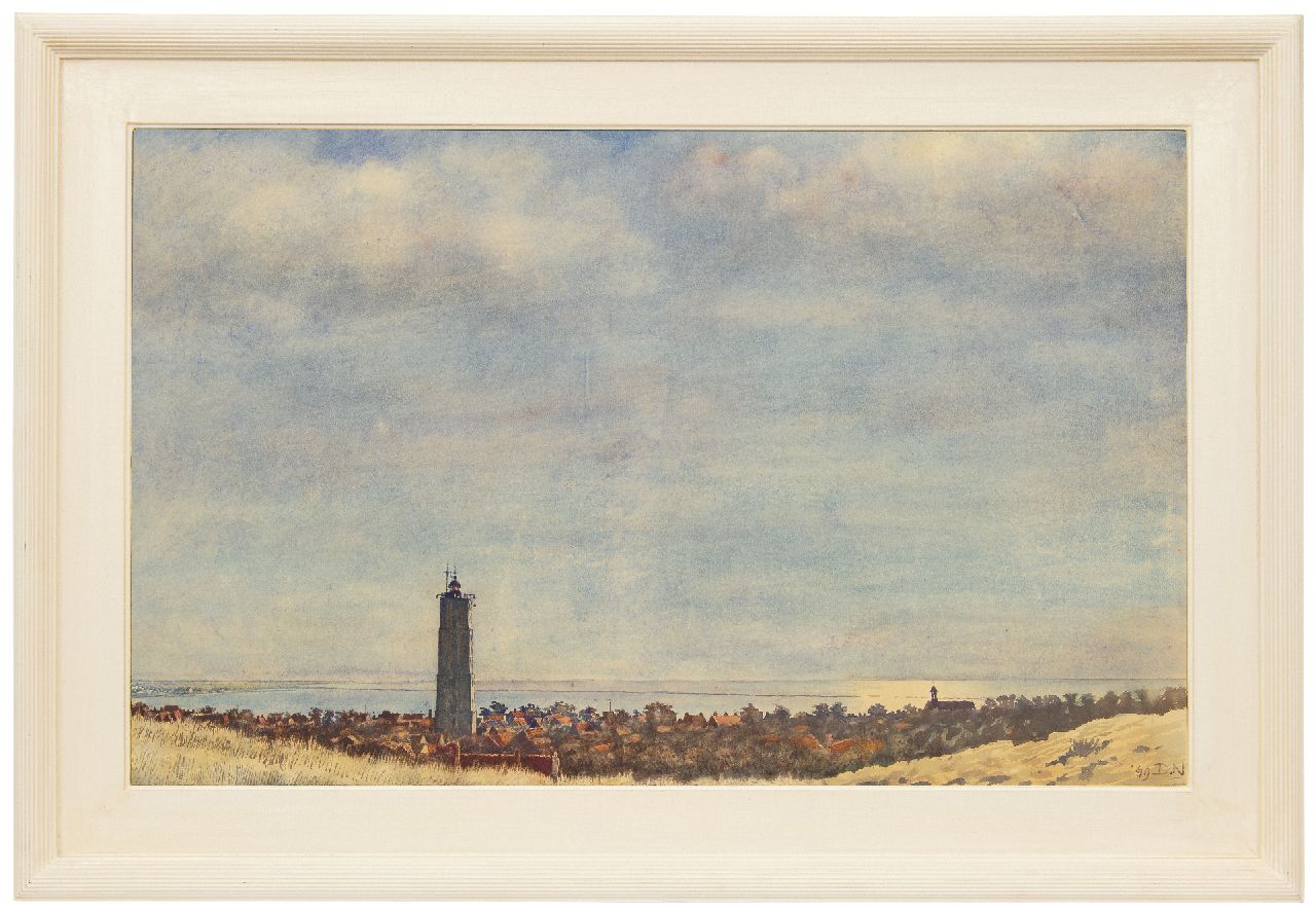 Nijland D.H.  | 'Dirk' Hidde Nijland | Watercolours and drawings offered for sale | A view of the Brandaris, Terschelling, watercolour on paper 57.4 x 92.6 cm, signed l.r. with initials and dated '49