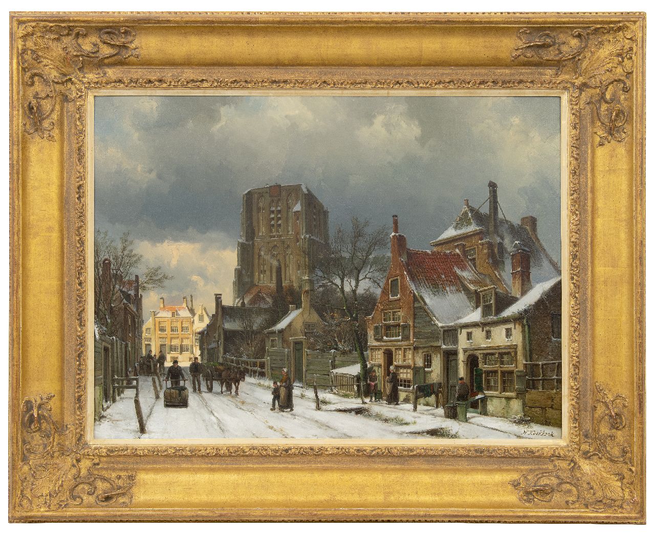 Koekkoek W.  | Willem Koekkoek, Fantasy view of the snowy Sint-Martinus church in Woudrichem, oil on canvas 55.2 x 75.3 cm, signed l.r.