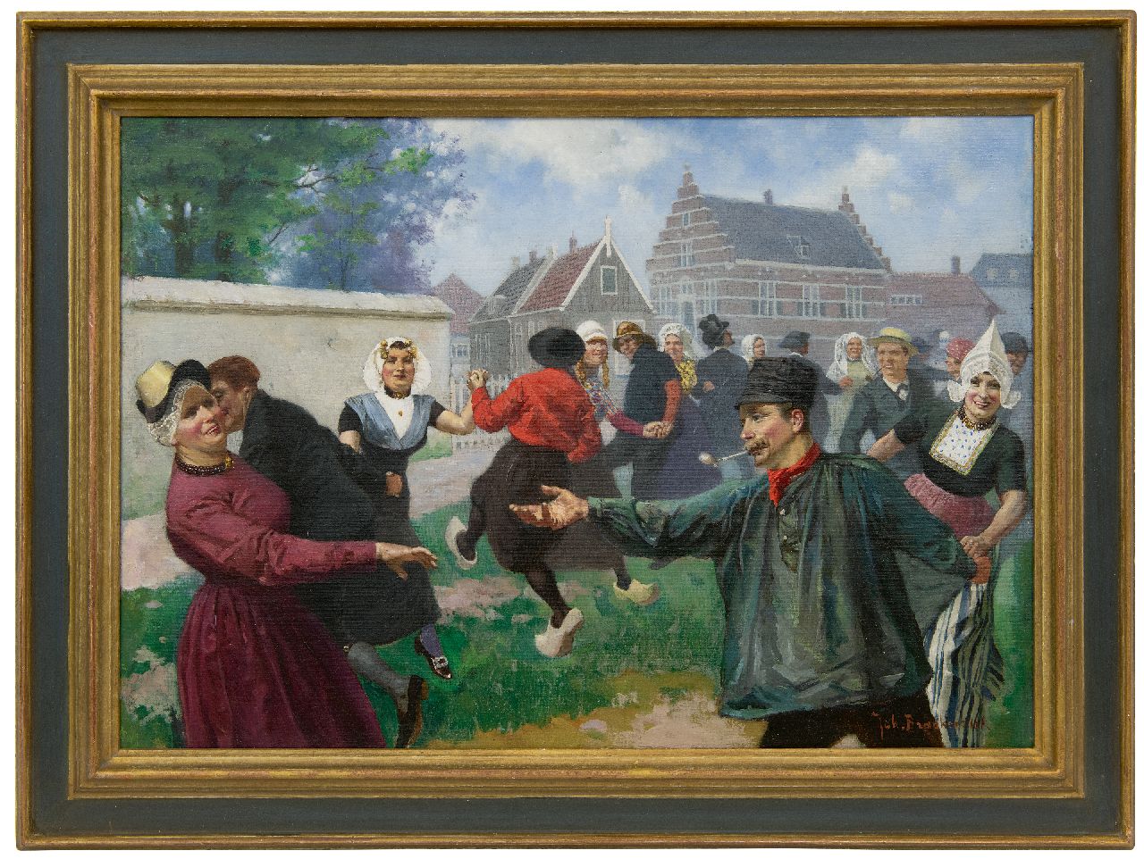 Braakensiek J.C.  | 'Johan' Coenraad Braakensiek | Paintings offered for sale | The dance of traditional costumes, oil on canvas 46.2 x 64.6 cm, signed l.r.