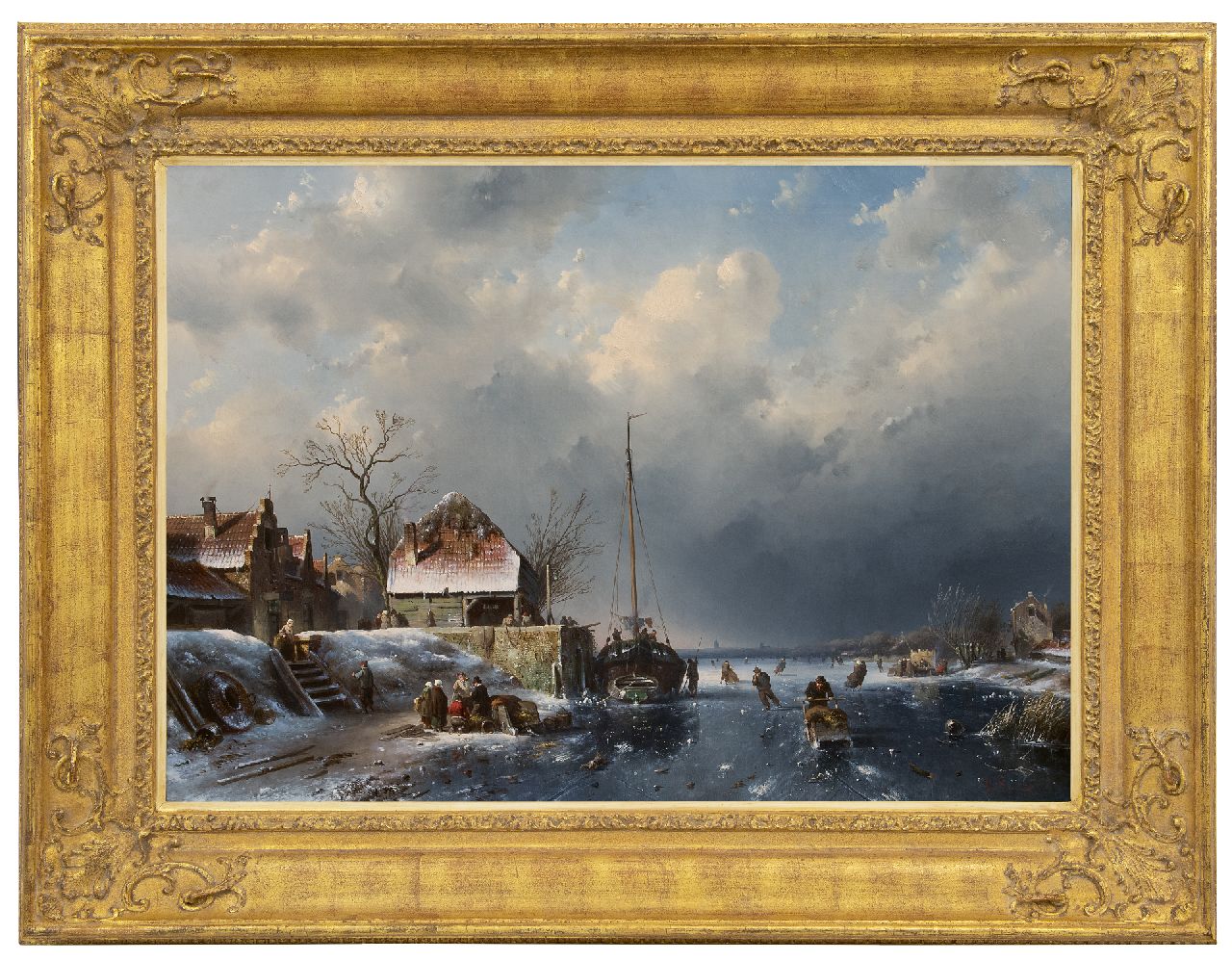 Leickert C.H.J.  | 'Charles' Henri Joseph Leickert | Paintings offered for sale | A winter scene with skaters and a fishing ship stuck in the ice, oil on canvas 60.4 x 84.8 cm, signed l.r. and dated '56