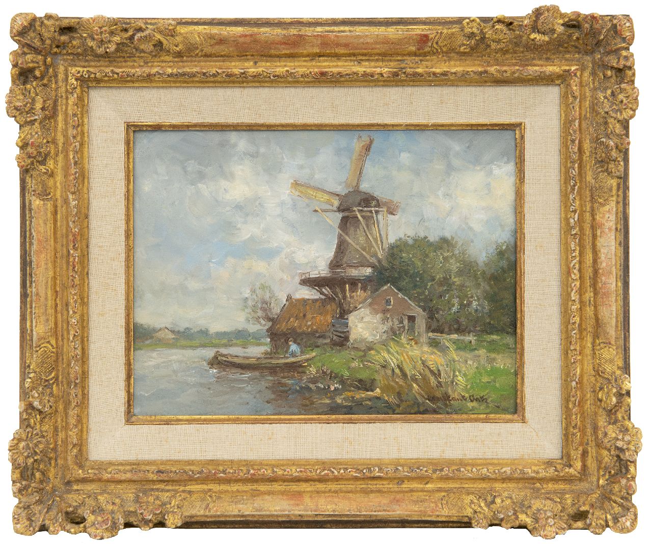 Artz C.D.L.  | 'Constant' David Ludovic Artz, Angler in a barge near a windmill, oil on panel 18.0 x 24.1 cm, signed l.r.