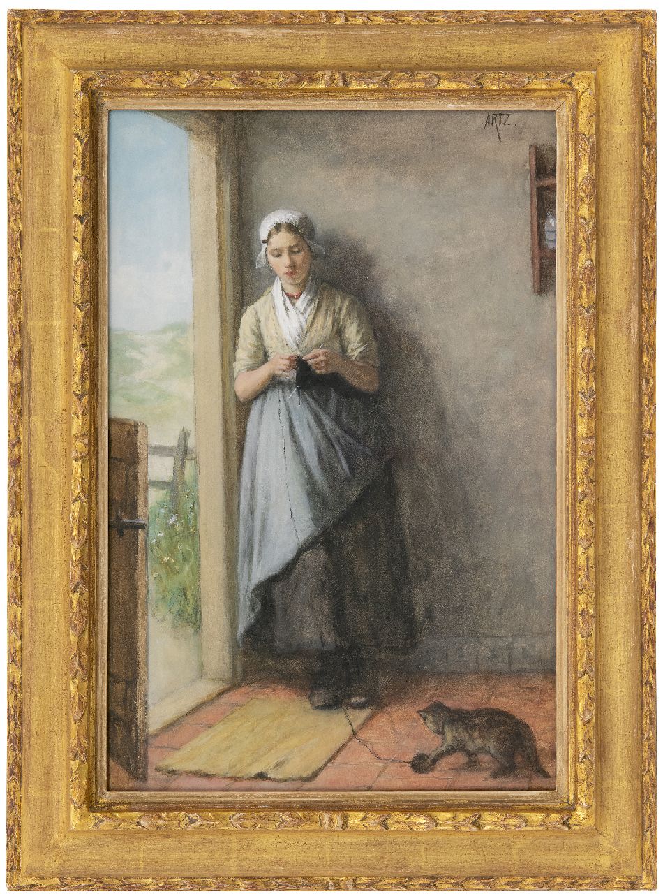 Artz D.A.C.  | David Adolphe Constant Artz | Watercolours and drawings offered for sale | Girl knitting in the doorway, watercolour on paper 53.8 x 36.0 cm, signed u.r. and painted ca. 1881