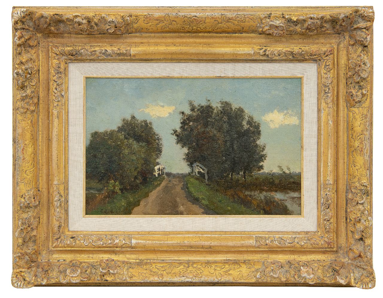 Gabriel P.J.C.  | Paul Joseph Constantin 'Constan(t)' Gabriel, Polderlandscape with a bridge, oil on canvas laid down on panel 18.8 x 29.4 cm, signed l.l.