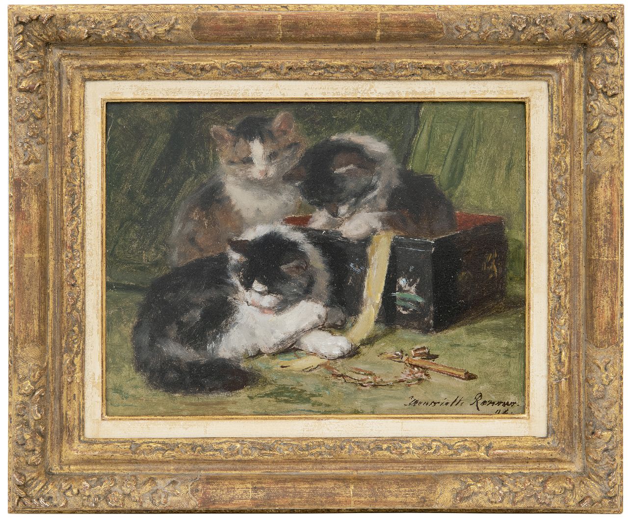 Ronner-Knip H.  | Henriette Ronner-Knip, Kittens playing with a sweing box, oil on panel 25.0 x 33.5 cm, signed l.r. and dated '94