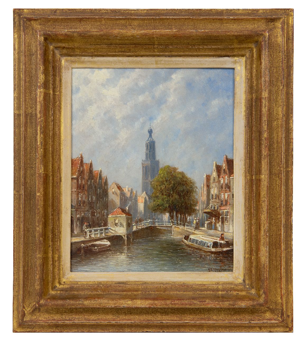 Vertin P.G.  | Petrus Gerardus Vertin | Paintings offered for sale | A town view with the tower of the Sint-Janskerk of Gouda, oil on panel 20.2 x 16.0 cm, signed l.r. and dated '93