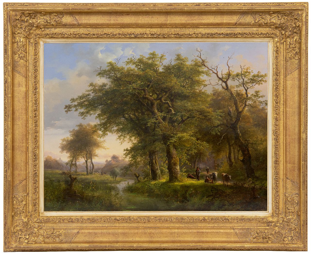 Klombeck J.B.  | Johann Bernard Klombeck, Forest landscape with cattle and country folk, oil on panel 47.6 x 62.5 cm, signed l.l. and dated 1857