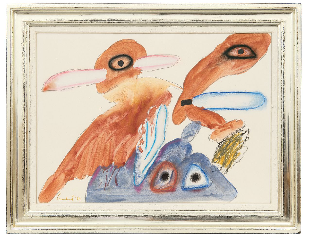 Lucebert (Lubertus Jacobus Swaanswijk)   | Lucebert (Lubertus Jacobus Swaanswijk) | Watercolours and drawings offered for sale | Three creatures, four eyes, pencil, chalk, watercolour and oil on paper 50.2 x 70.0 cm, signed l.l. and dated '89