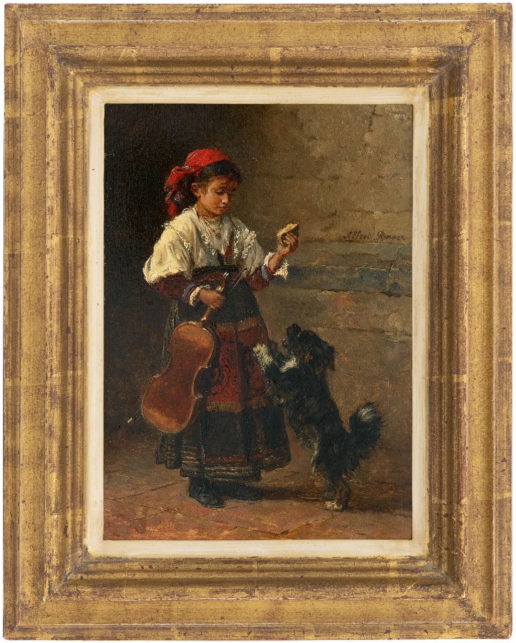 Ronner A.  | Alfred Ronner, Gypsy girl with her dog, oil on panel 24.7 x 17.7 cm, signed c.r.