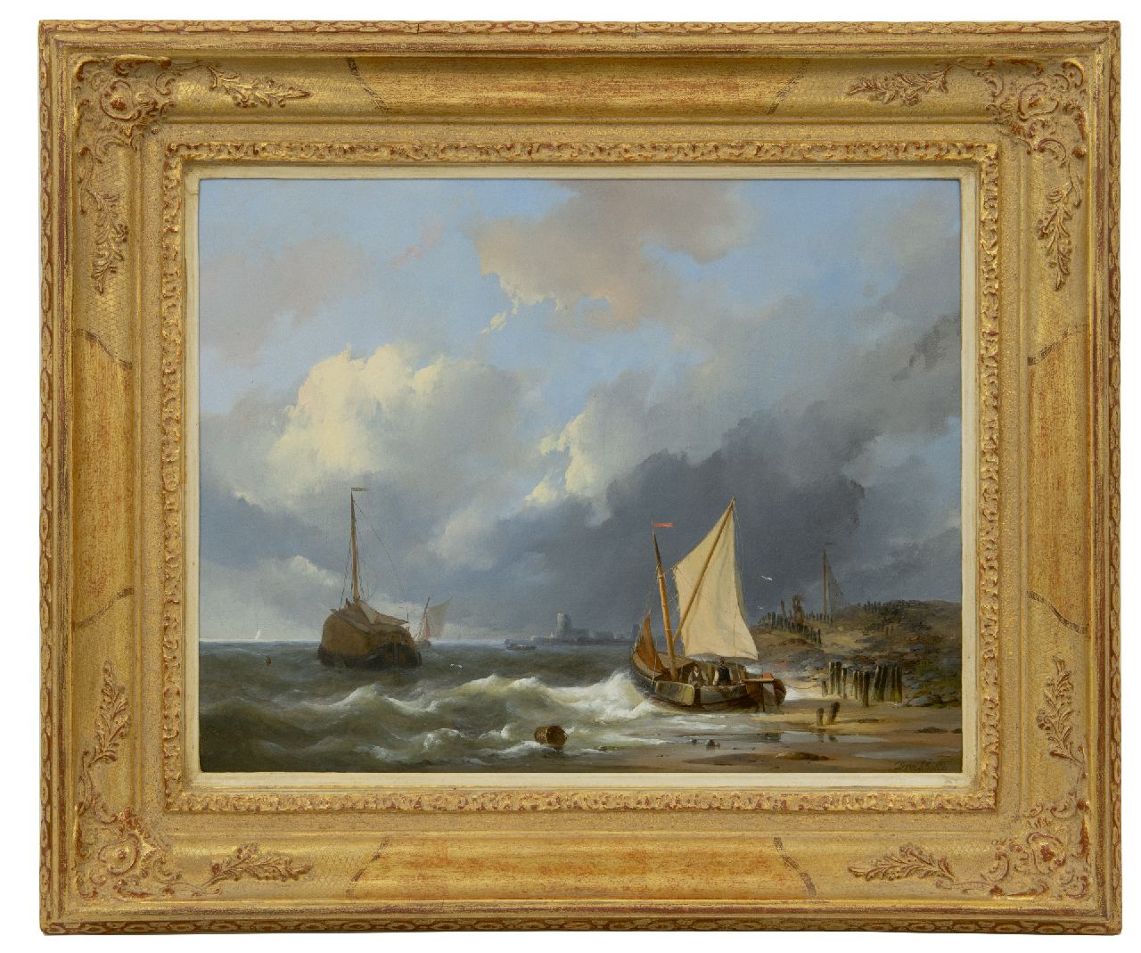 Dreibholtz C.L.W.  | Christiaan Lodewijk Willem Dreibholtz, Ships on the coast of the Zuiderzee, oil on panel 41.2 x 52.8 cm, signed l.r.