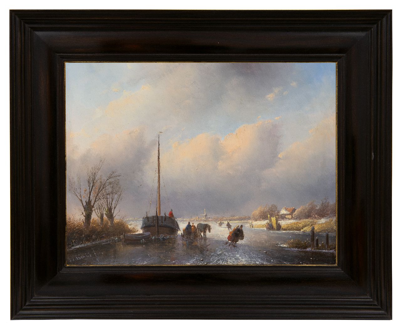 Spohler J.J.  | Jan Jacob Spohler, A frozen river with skaters and a horse drawn sledge, oil on panel 25.5 x 33.4 cm, signed l.l.