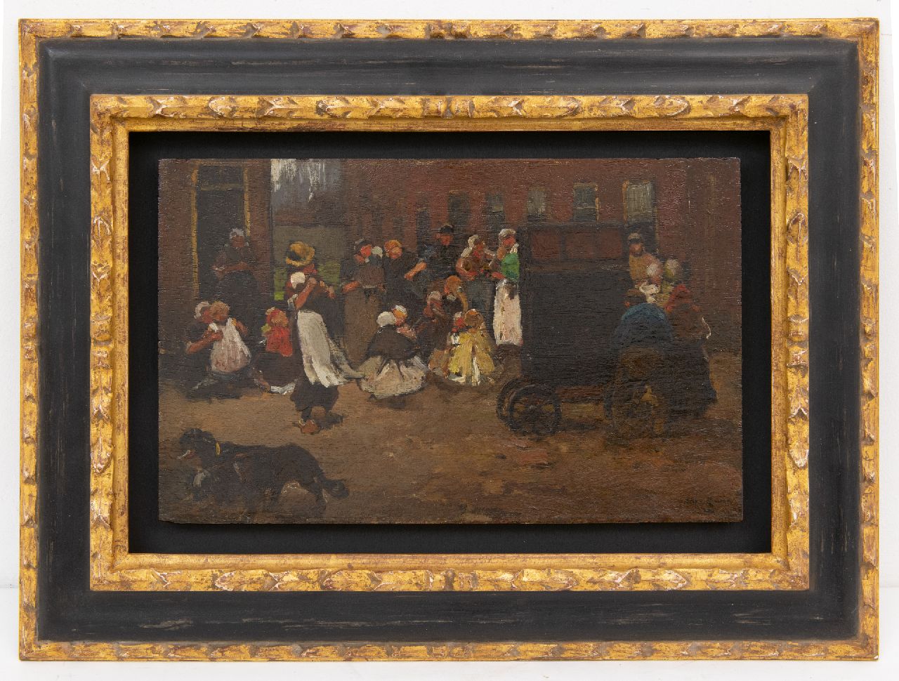 Zwart W.H.P.J. de | Wilhelmus Hendrikus Petrus Johannes 'Willem' de Zwart | Paintings offered for sale | Children dancing to the street musician, oil on panel 22.2 x 35.6 cm, signed l.r. and painted ca. 1890