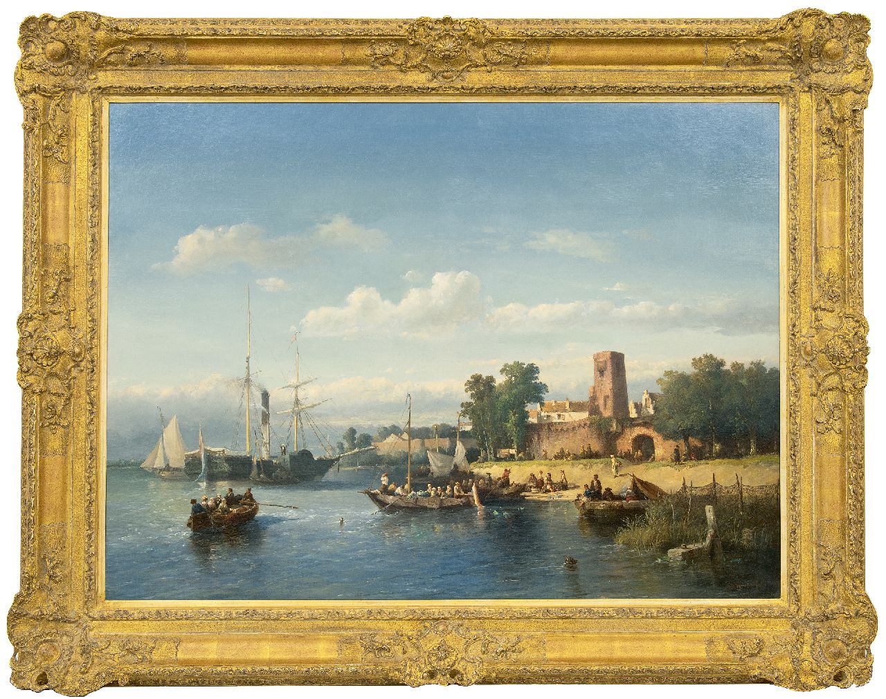 Verveer S.L.  | 'Salomon' Leonardus Verveer, The Merwede at Woudrichem with a paddle-boat and a ferry, oil on canvas 76.0 x 102.3 cm, signed l.r. and dated '51