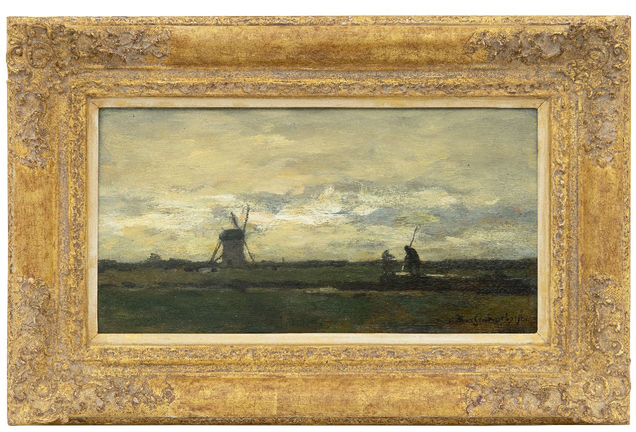 Weissenbruch H.J.  | Hendrik Johannes 'J.H.' Weissenbruch, Landscape with stippling farmer and windmill, oil on panel 16.2 x 31.2 cm, signed l.r. and dated 1901