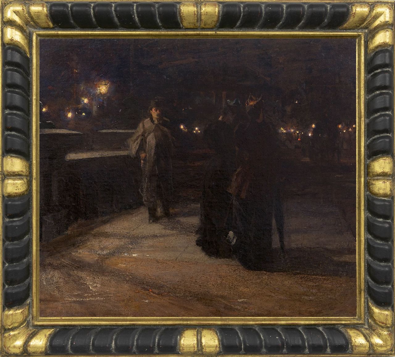 Arntzenius P.F.N.J.  | Pieter Florentius Nicolaas Jacobus 'Floris' Arntzenius, The painter meets two ladies at night, oil on canvas 70.2 x 79.7 cm, signed l.l.
