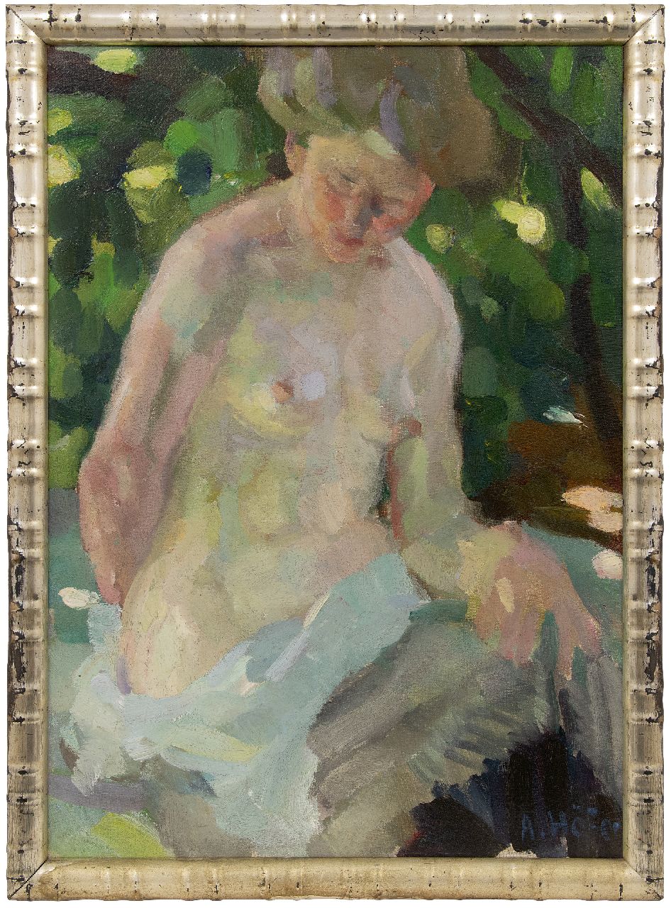 Höfer A.  | Adolf Höfer, Female nude, oil on canvas 65.7 x 47.2 cm, signed l.r.